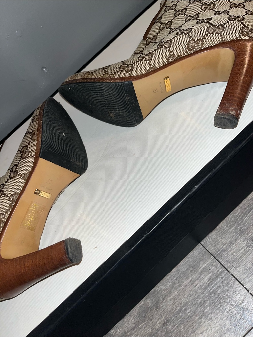 Gucci Original GG Canvas Over-the-Knee Boots Brown Trim Tie Detail - Picture 6 of 7